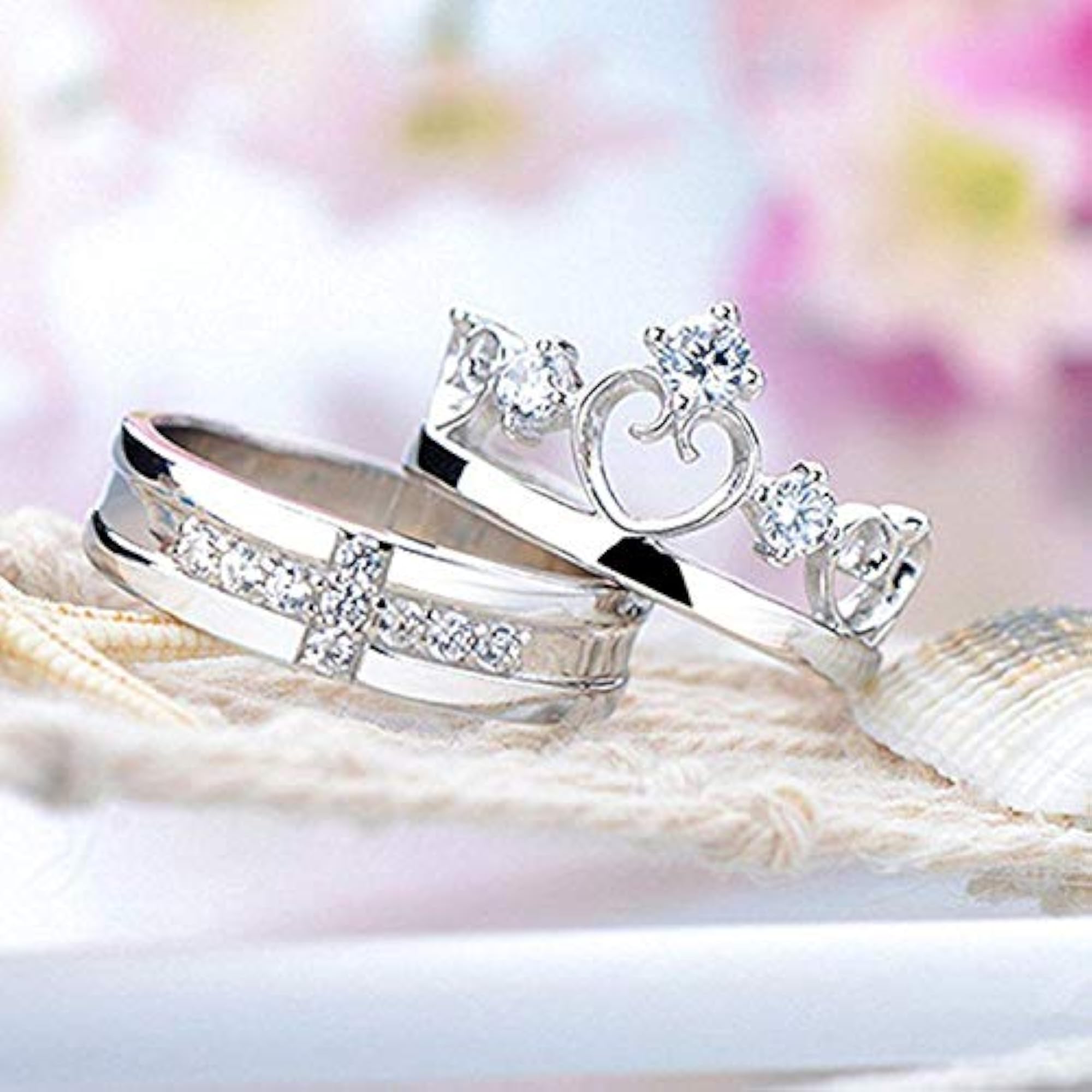 Rhodium Plated CZ and Crystal Couple Ring Set FRCO1103032R